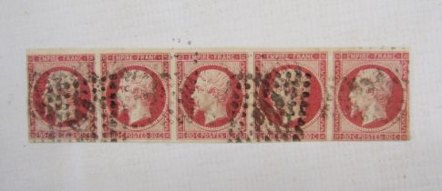 Stamps of France: Used strip of five 80c deep rose red Napoleon III, 2nd Empire, 1853-61 imperforate
