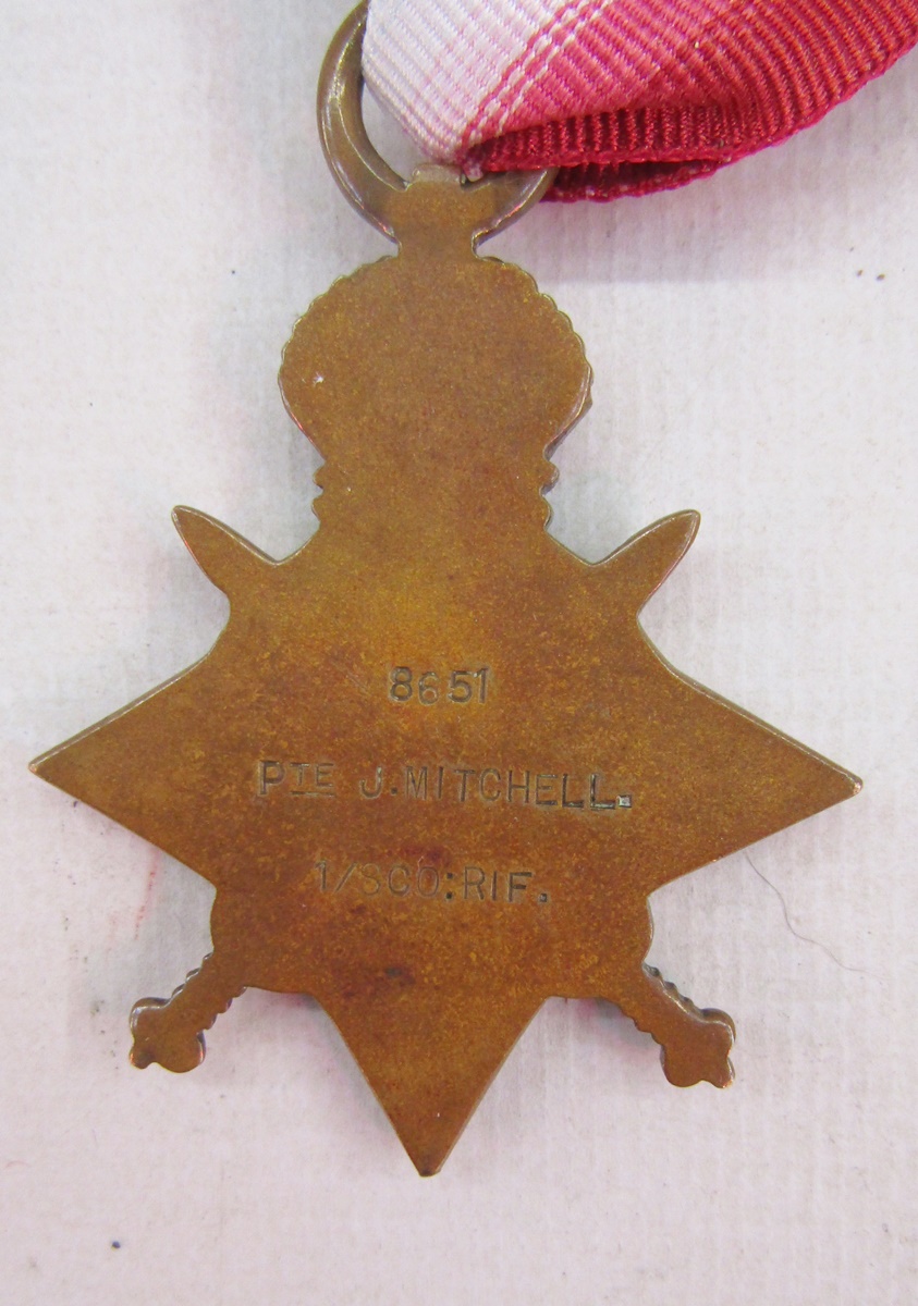 WWI 1914 star, war medal and victory medal, named '8651.Pte.J.Mitchell 1/SCO.RIF', Imperial - Image 8 of 9