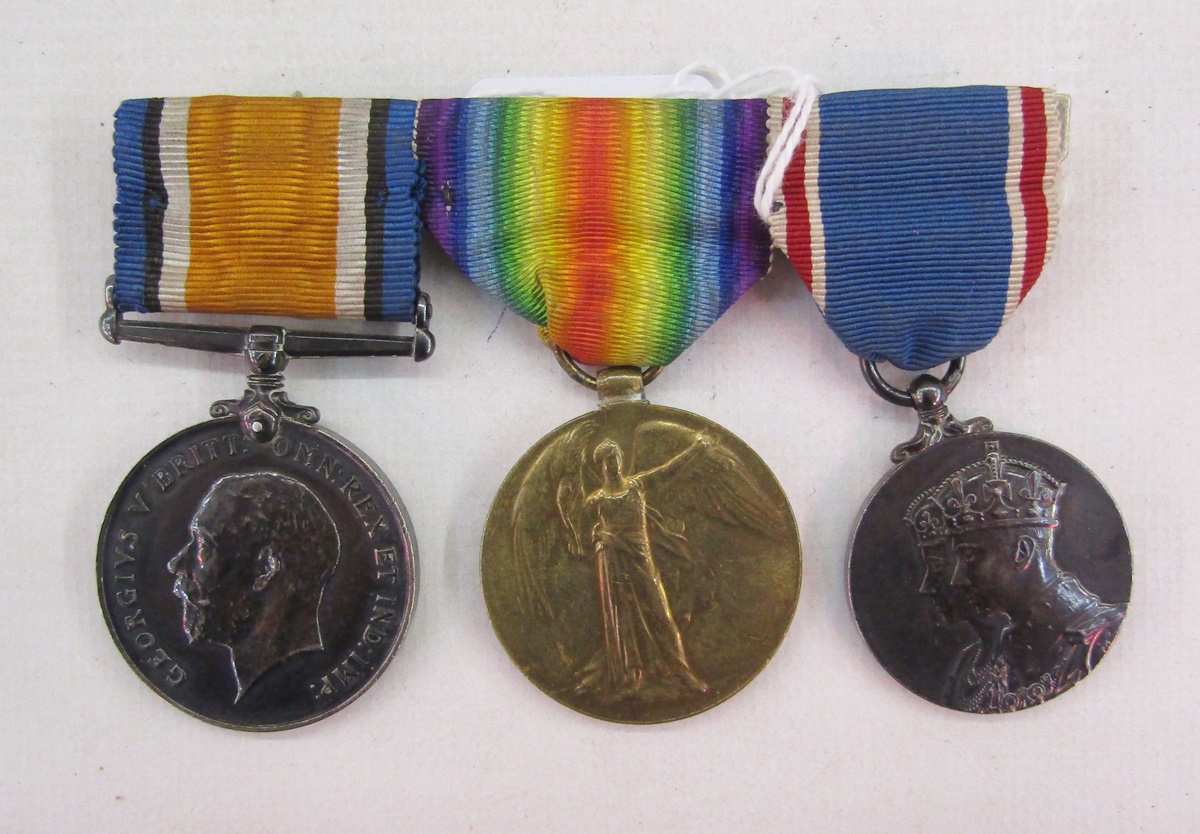WWI war medal, victory medal and 1937 George VI coronation medal. WWI medals named 'R.M.A. 1179-S-