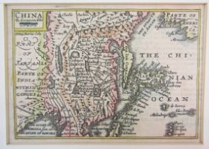 John Speed (1552-1629), pocket-sized/miniature partially coloured map of China accompanied by four