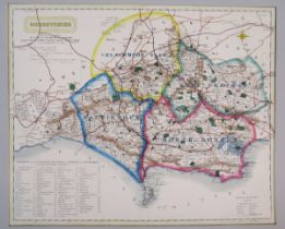 Coloured map of Dorsetshire by J. & C. Walker, listing polling places and places of foxhound