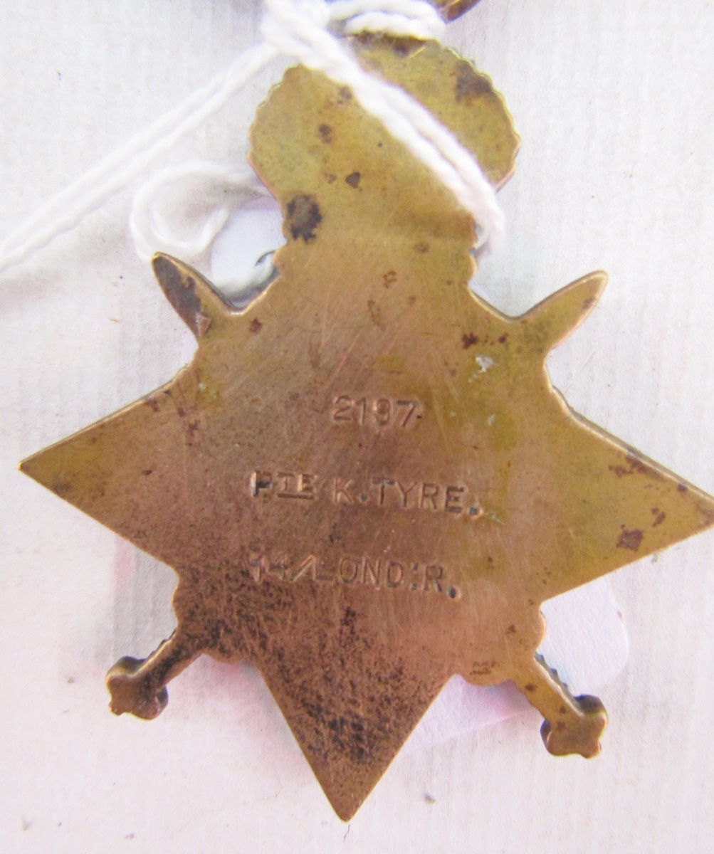 WWI 1914 star with Mons clasp, war medal and victory medal, named to '2197.Pte.K.Tyre.14/Lond.R.' - Image 6 of 6