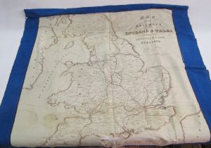 A silk scarf printed with an early map "Map of the Railways of England & Wales shewing the Principal
