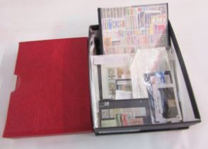 World stamps: Boxed accumulation including red sleeved Lindner album with stock-cards, packets,