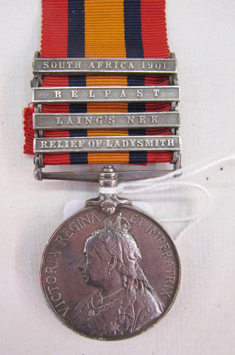 Boer War Queens South Africa medal with South Africa 1901, Belfast, Laing's Nek and Relief of