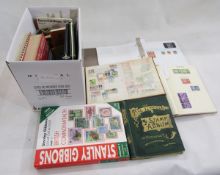 All world stamps: Boxed accumulation in 3 albums with various old catalogues including British