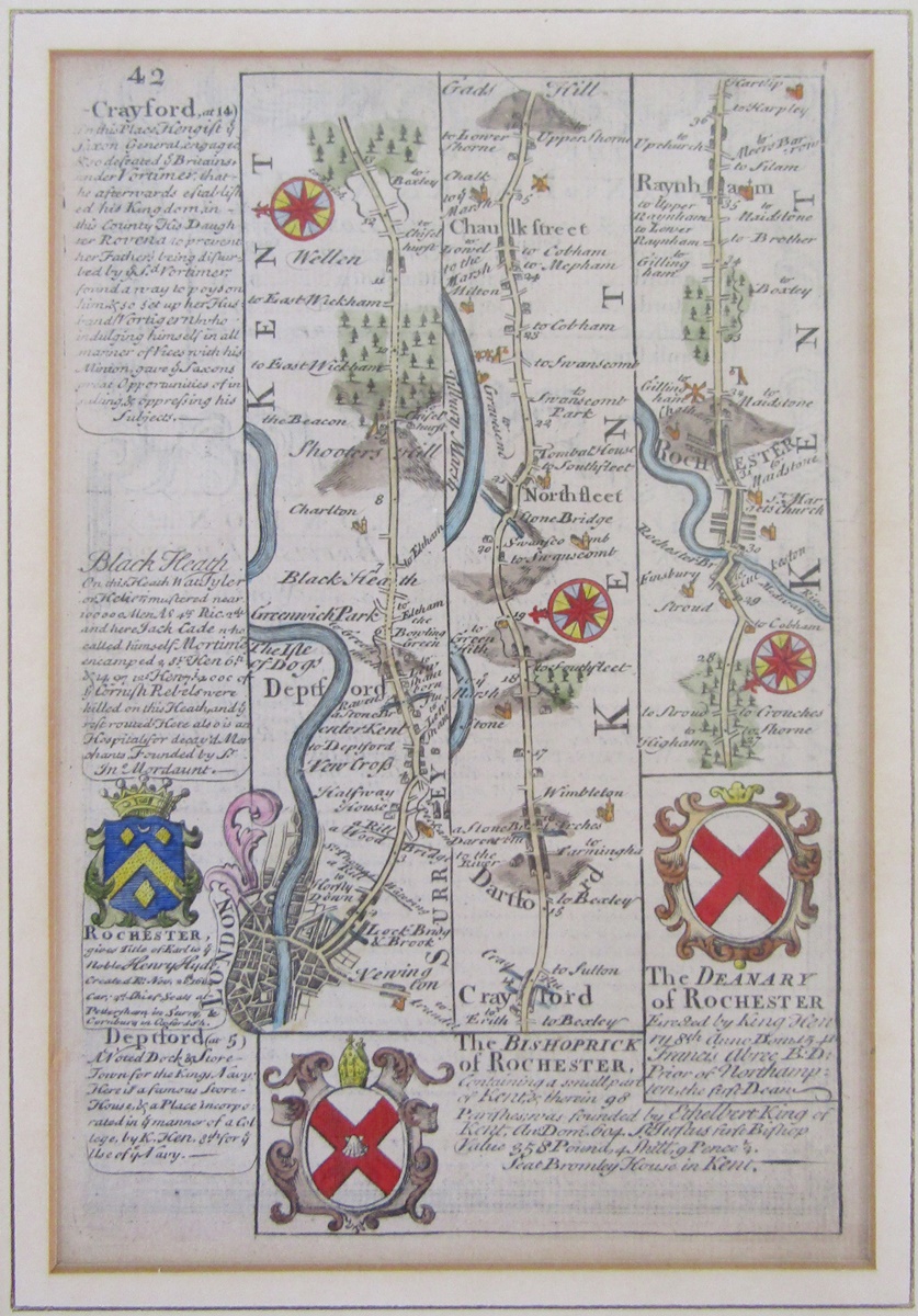 STRIP MAPS - Hand coloured engraved road map from London Wellen, Crayford to Gads Hill and Raynham - Image 2 of 2