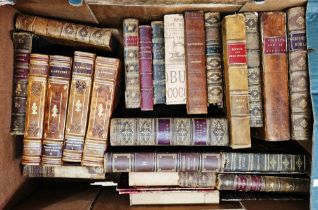 Quantity of 18th and 19th century leather bound volumes, some fine bindings, many needing repair, to