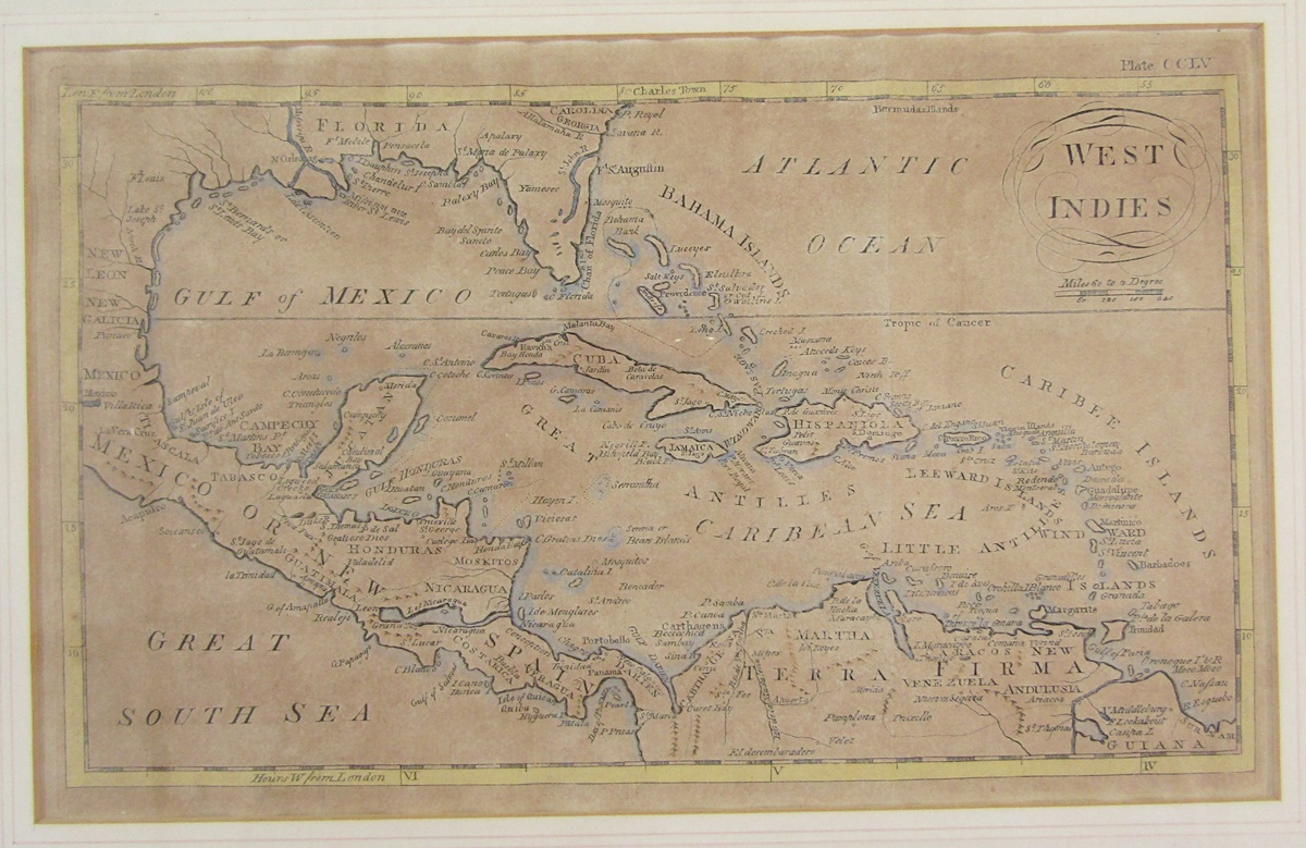 Partially hand coloured map of The West Indies, plate CCLV, inscribed 'Encyclopeadie Brittanica - Image 2 of 2