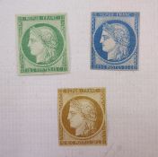 Stamps of France: Three mint 1862 Ceres head reprints - 10c bistre (SG29), 15c green (SG30) and
