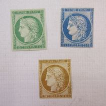 Stamps of France: Three mint 1862 Ceres head reprints - 10c bistre (SG29), 15c green (SG30) and