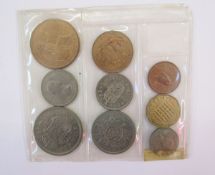 3 crowns, 1937, 1953 and 1965, 1953 blister pack of coins half crown to farthing (9) together with