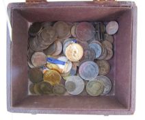 Box containing various coins and medals, of note 1876 silver Chilean Un Peso, 1791 Louis XVI, 1791 2