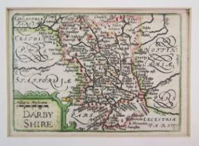John Speed (1552-1629), pocket-sized/miniature partially coloured map of 'Darbyshire' accompanied by