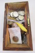 Wooden box containing English and American coins, of interest 7 US dollars and 9 buffalo nickels, 14