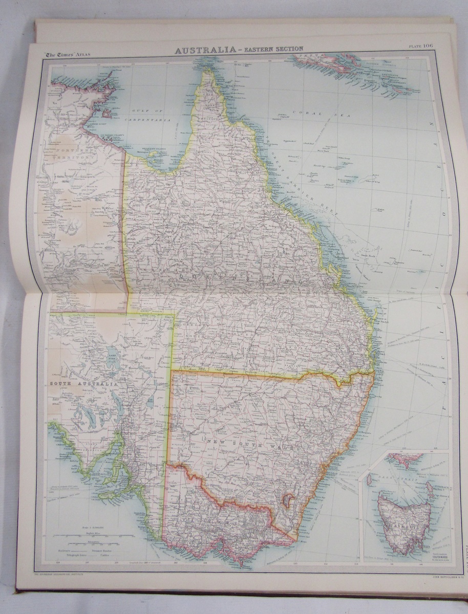 The Times Survey Atlas of the World, JG Bartholomew, 1922, two volumes (poor condition). Quantity - Image 10 of 11