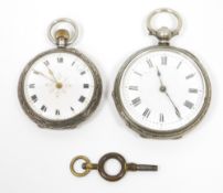 Two Late Victorian lady's pocket watches, each with white enamelled dial and black Roman numerals,