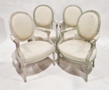 Set of four grey/green painted open armchairs in the Louis XVI-style with cream linen covers (4)