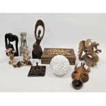 Quantity of carved hardwood statues, sculptures of birds, mushrooms and animals, a set of three