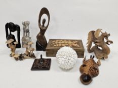 Quantity of carved hardwood statues, sculptures of birds, mushrooms and animals, a set of three