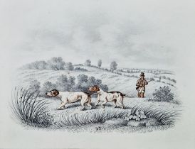 19th century school Watercolour and pencil Shooting scene with figure and gun dogs, monogrammed