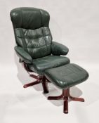 Modern green leather reclining armchair on laminate base with matching footstool