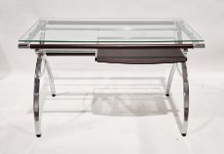 Glass-topped chrome X-frame computer table with pull-out shelf, 76cm high x 120cm wide x 64cm deep