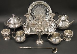 EPNS three-piece tea service, EPNS muffin dish, fruit basket, candelabrum and other items (1 box)