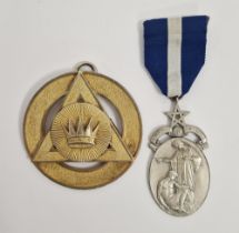 Masonic silver medallion on ribbon and another silver-gilt circular large medallion with crown to