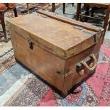 Early 20th century Tan leather and iron bound military issue travelling trunk, of rectangular