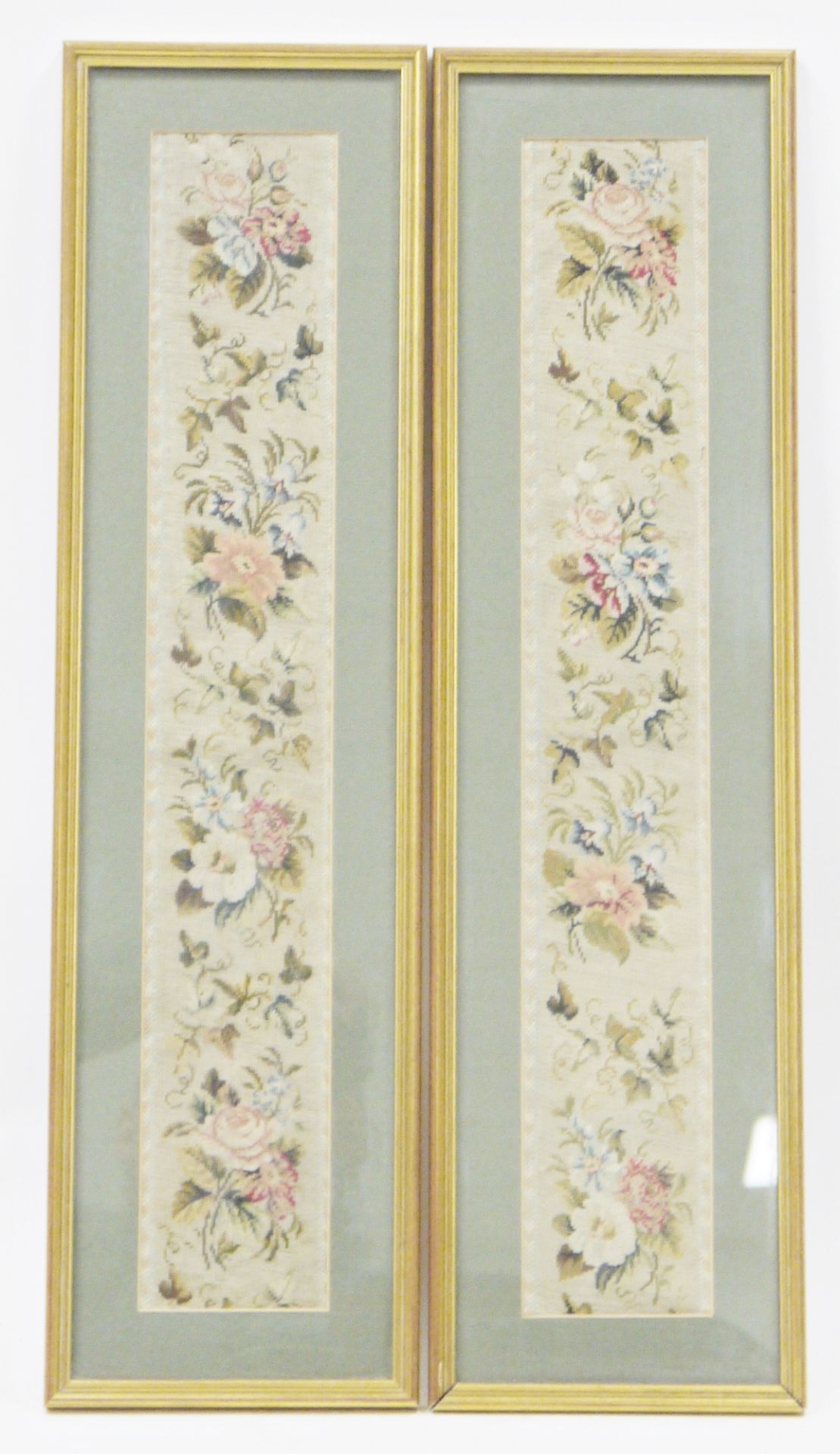 Two Victorian petitpoint needlework tapestry panels, each worked in coloured silk threads with