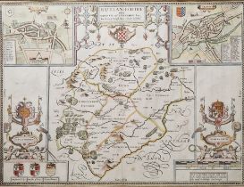 John Speed (1552-1629) Hand-coloured engraved map "Rutlandshire with Oukham and Stamford her