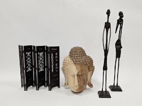 Modern carved hardwood Buddha head, 28cm high, a miniature folding six-panel wooden screen with