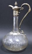 Victorian silver-plated engraved glass claret jug, with reeded foliate cast scroll handle,