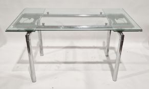 Chrome and glass extending dining table, rectangular, on straight circular supports, 141cm long