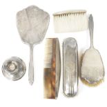 Silver-mounted hand mirror and matching silver-mounted hairbrush, engine-turned, Birmingham assay,