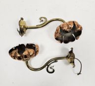 Pair of Art Nouveau brass and copper wall lights with brass scrolling branches and copper flowerhead