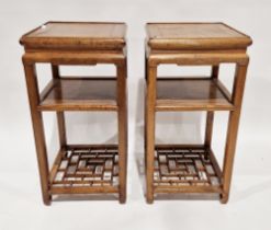 Pair of Chinese Longyanmu (tiger-skin wood) side tables, each of square form with stylised carved