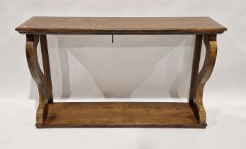 Modern oak console table with scrolling supports, 84cm high x 140cm wide x 36cm deep