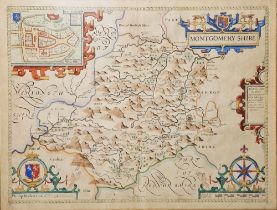 John Speed (1552-1629) Hand coloured engraved map "Montgomery Shire", published Henry Overton, inset