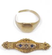 9ct gold bar brooch set tiny diamond and pair sapphires and a gold-coloured metal signet ring (