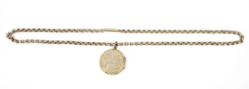 Gold-coloured circular locket pendant, scroll engraved, unmarked and the 9ct gold chain link