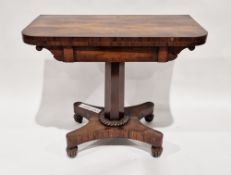 Early Victorian rosewood foldover card table, the baize lined top over a panelled central column, on
