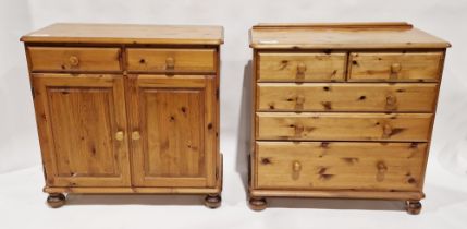 Modern pine cabinet fitted with two short drawers over a pair of cupboard doors, 86cm high x 90cm