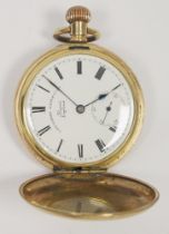 Gent's rolled gold Lancashire Watch Company hunter pocket watch with white enamel dial, Roman