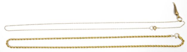 9ct gold chain link necklace, spirally twisted and another fine 9ct gold chain necklace with