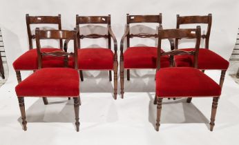 Set of six Victorian mahogany dining chairs two being carvers, each with red upholstered seat
