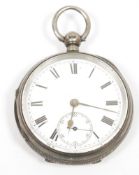 Gent's Edwardian silver open-faced pocket watch with white enamel dial, Roman numerals, subsidiary