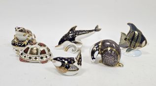 Group of Royal Crown Derby Imari paperweights including tropical fish, angel fish, dolphin,