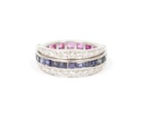 White metal, diamond, ruby and sapphire ring, each half hoop of sapphire or diamond flanked by two
